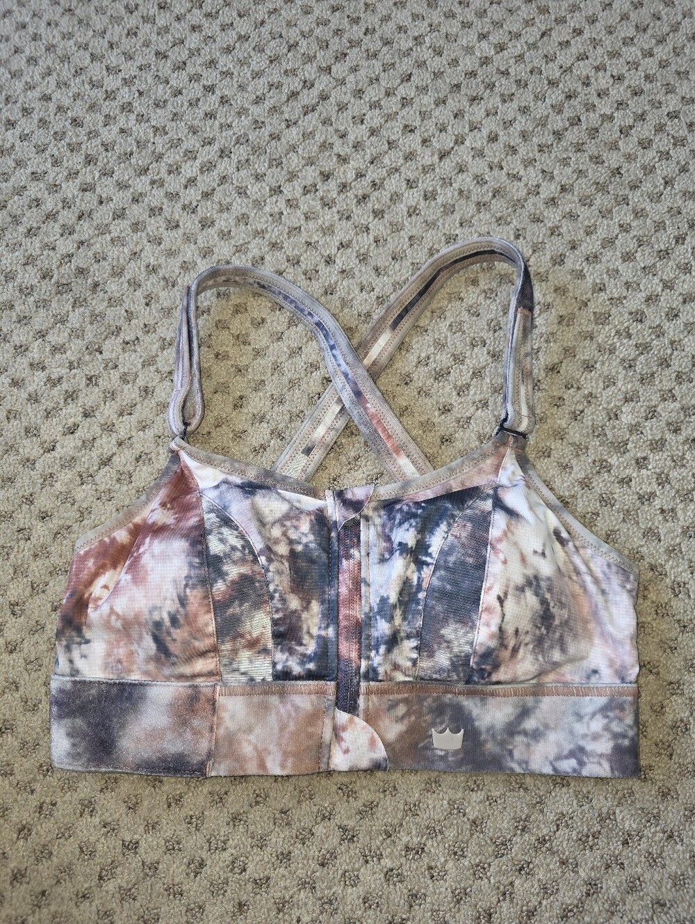 SHEFIT Women's Cross-Back Sports Bra in Pink Grey and Cream Tie-Dye